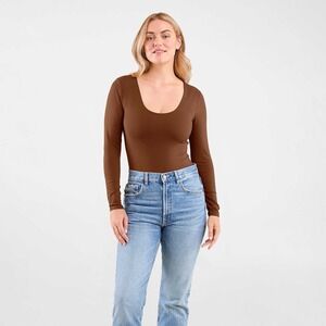 NUUDS Long Sleeve Scoop Neck Seamless Bodysuit‎ In Chocolate Brown Size XL